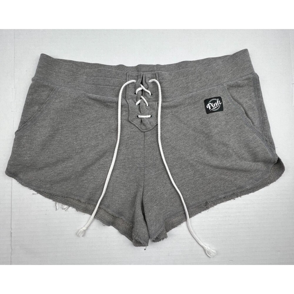 PINK Victoria's Secret Lounge Shorts Women's Large Gray Lace Up Raw Hem Dolphin